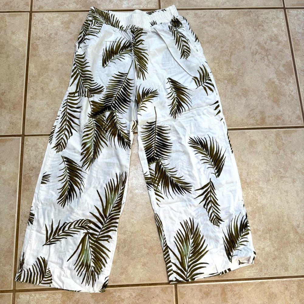 Tropical Leaf Print Wide-Leg Linen Summer Pants. Size Small
